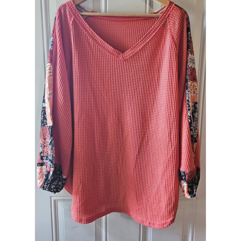 Womens 2XL Coral Waffle Knit‎ Top Floral Patchwork Balloon Sleeve Boho Casual